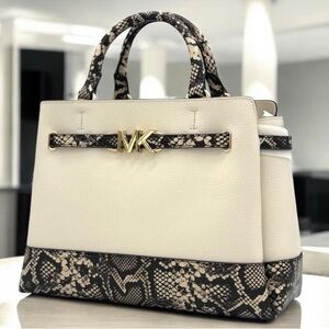 Michael Kors Large Reed CZ Belted Satchel Bag Light Cream Multi